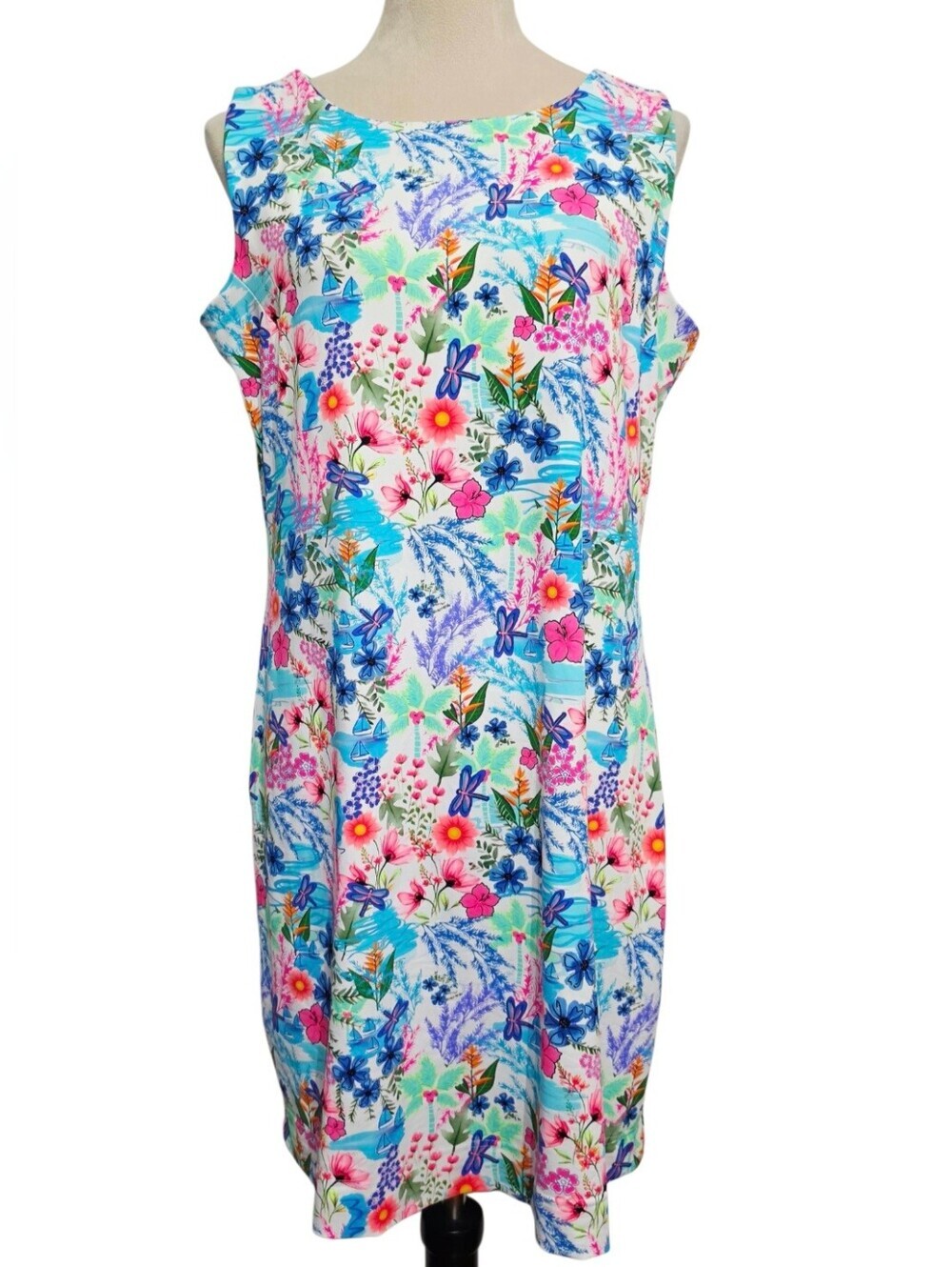 Lulu B Dress Large SPF 50 Tropical Floral Dragonfly Sailboat Sleeveless Resort - Picture 2 of 13